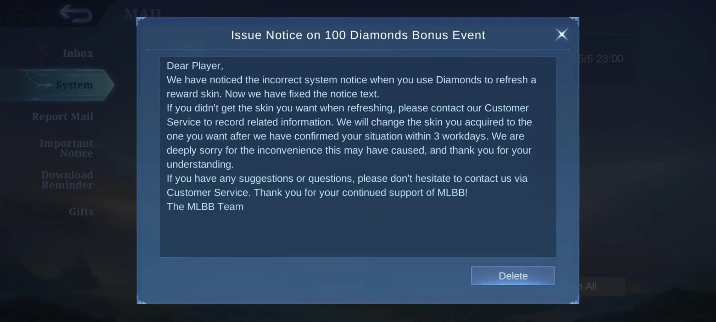 Issue Notice on 100 Diamonds Bonus Event
